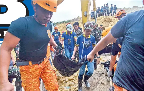  ?? / ARNI ACLAO ?? ■NAGPADAYON. Kontra nila ang oras, apan padayon nga gihimo ang search and rescue sa mga emergency responders sa nahitaboan sa landslide sa sityo Sindulan ug Sityo Tagaytay, Barangay Tina-an, dakbayan sa Naga. Sa ikaduhang adlaw kagahapon, 28 na ka mga lawas ang naugkat . Dugang mga hulagway sa pahina 4 ug estorya sa pahina 2.