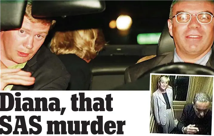  ??  ?? Last hours: Diana peers through the rear window of the car as she, Dodi Fayed (hidden), bodyguard Trevor Rees-Jones and chauffeur Henri Paul speed away from the Paris Ritz. Inset: A security videotape of Diana and Dodi earlier at the hotel
