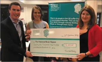  ?? ABOVE: ?? Tim O’Sullivan and Kacey O’Driscoll in 2017 presenting a cheque for £76K to Theresa Dauncey at The National Brain Appeal.