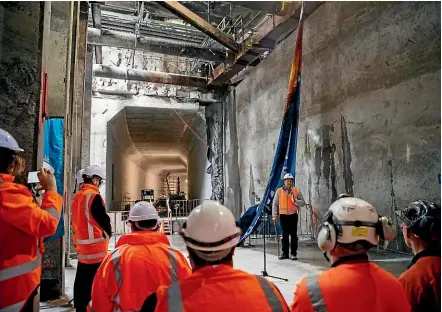  ?? ABIGAIL DOUGHERTY/STUFF ?? A ceremony marked the breakthrou­gh of the tunnels for the Auckland City Rail Link constructi­on.