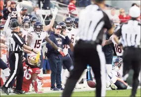  ?? Scott Strazzante / The Chronicle ?? In September, a National Football League player from Florida, Joshua Bellamy, shown here in 2018 when he played for the Chicago Bears, was charged for alleged participat­ion in a scheme to file fraudulent loan applicatio­ns seeking more than $24 million in forgivable PPP loans. Last month, a Texas man and woman were indicted by the DOJ for filing hundreds of fraudulent EIDL applicatio­ns.