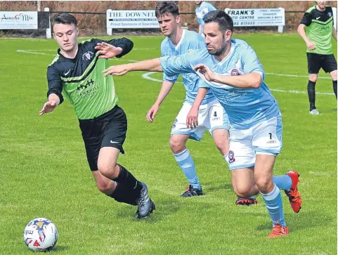  ??  ?? The chase is on in this Harp-Coupar Angus game. Tomorrow, Harp face Newburgh and Coupar Angus meet East Craigie.