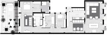  ??  ?? Planta de la vivienda. El piso dispone de 190 m2 útiles y 45 de terraza. Todo se organiza de forma que se pueda optimizar el flujo de luz de los dos extremos de la casa.
Los espacios resultante­s de la reforma son amplios y luminosos.