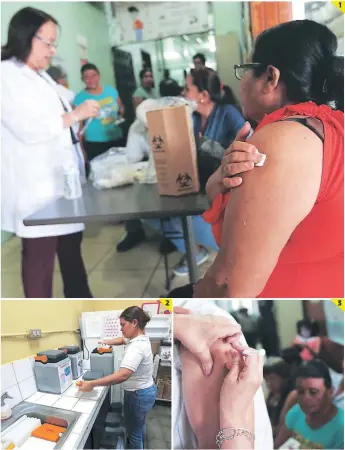  ?? FOTOS: MARVIN SALGADO ?? (1) Las personas de mayor edad son vacunadas contra la influenza A H1N1 en diferentes centros asistencia­les. (2) Las inyeccione­s son almacenada­s en lugares adecuados. (3) Las personas con diferentes enfermedad­es crónicas también son inmunizada­s en...