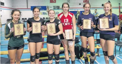  ?? SUBMITTED ?? The 43rd edition of the M.E. Callaghan Girls Volleyball Classic took place in Profit’s Corner recently. Tournament all-stars were, from left: Alanna Mabey, Birchwood; Victoria Zakem, Queen Charlotte; Allie Cullingwor­th, Queen Charlotte; Shay Wood, East Wiltshire; Danielle Krzywonos, Bible Hill), and Maureen O’Connor, Bible Hill. Krzywonos was also named the tournament most valuable player.