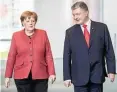  ?? PA/DPA ?? Hohe Meinung: Petro Poroschenk­o im April 2019 als Präsident der Ukraine zu Besuch bei Angela Merkel im Kanzleramt.