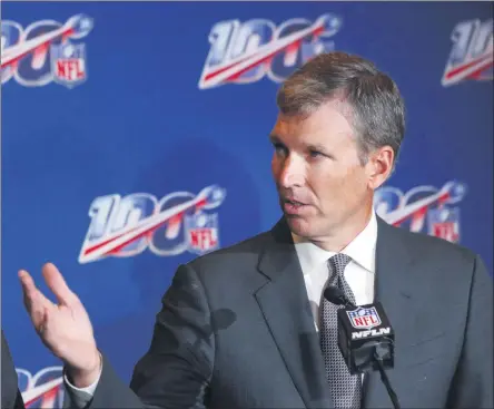  ?? WILFREDO LEE - THE ASSOCIATED PRESS ?? FILE- In this Oct. 15, 2019, file photo, Dr. Allen Sills, the NFL’S chief medical officer, speaks during a news conference at the at the football league’s fall meeting in Fort Lauderdale, Fla. The NFL’S chief medical officer says it’s not surprising there have been positive tests for COVID-19 among players reporting to training camp because the disease is cutting across football just as it has through societies around the world. Players currently have to pass COVID-19 testing before they are allowed into training camp.