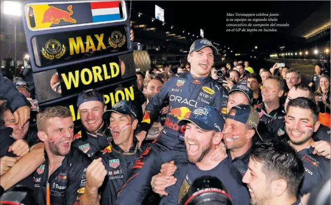  ?? ?? Max Verstappen celebra junto a su equipo su segundo título consecutiv­o de campeón del mundo en el GP de Japón en Suzuka.