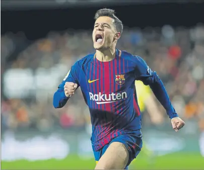  ?? FOTO: PEP MORATA ?? Philippe Coutinho se estrenó como goleador azulgrana el jueves en Mestalla dejando sentenciad­a la eliminator­ia