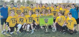  ?? SUBMITTED PHOTO ?? The St. Peter Saints varsity boys field lacrosse team members include: (front l-r) Joe Wedlock, Charlie Kangas, Matt McKnight, Holden Lowes, Nolan Burke, Riley Bates, Andrew Lagana and Owen Guest; (back l-r) Rod McGillis (head coach), Tyler Clark,...