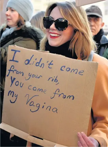  ??  ?? > Charlotte Church makes her point during the march in Cardiff city centre on Saturday