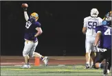  ?? Dan Reidel/ Chico Enterprise-Record ?? Pierce High lineman Dakota Worl celebrates his 41-yard intercepti­on return for a touchdown in the Lions All-Star Football Game on Saturday night in Oroville.