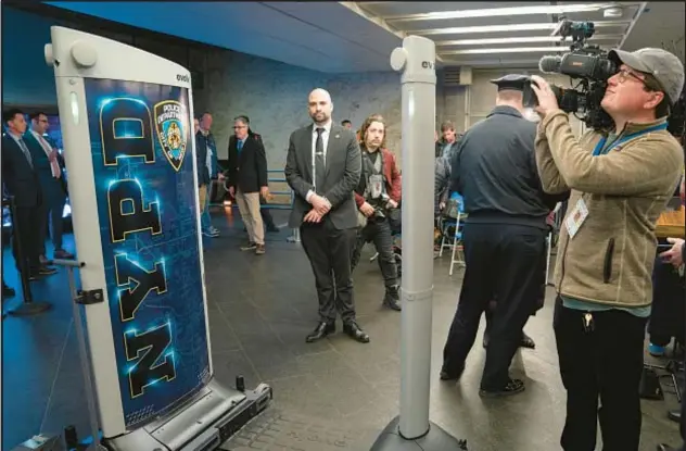  ?? BARRY WILLIAMS FOR NYDN ?? A weapons detection system from Evolv Technologi­es displayed at a press conference in the Fulton Transit CenterThur­sday. The system was set for a trial run, but The News learned that the company CEO had revealed to investors that the subway is not a “good use-case” for the technology.