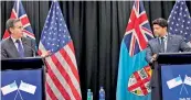  ?? —
AFP ?? US Secretary of State Antony Blinken (left) takes part in a joint press availabili­ty with Fiji's acting Prime Minister Aiyaz Sayed-Khaiyum in Nadi, Fiji on Saturday.