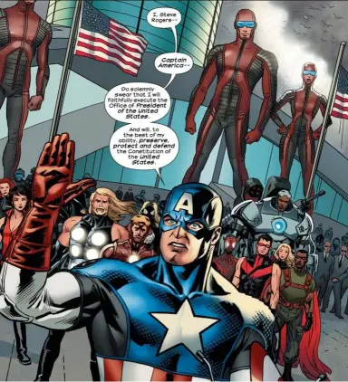  ??  ?? Captain america is sworn in as President of the united states of america in ultimate Comics: ultimates. — Photos: Marvel Comics