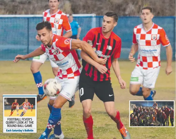  ??  ?? Gold Coast Knights’ Daniel Dragicevic battles for possession with Burleigh’s Luke Roiter at Carrara. And (inset) Knights players rejoice. Pictures: MIKE BATTERHAM/RYAN KAZMER