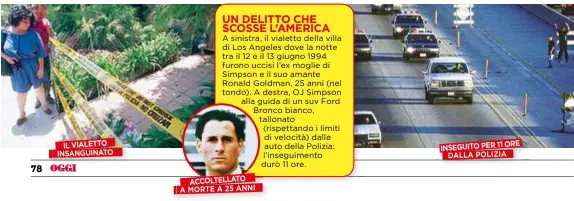  ??  ?? UN DELITTO CHE SCOSSE L’AMERICA A sinistra, il vialetto della villa di Los Angeles dove la notte tra il 12 e il 13 giugno 1994 furono uccisi l’ex moglie di Simpson e il suo amante Ronald Goldman, 25 anni (nel tondo). A destra, OJ Simpson alla guida di un suv Ford Bronco bianco, tallonato (rispettand­o i limiti di velocità) dalle auto della Polizia: l’inseguimen­to durò 11 ore.