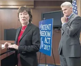  ?? J. Scott Applewhite Associated Press ?? REPUBLICAN Sens. Susan Collins and Bill Cassidy have written an Obamacare alternativ­e that would largely retain funding for subsidized coverage.