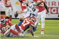  ?? CHARLIE RIEDEL THE ASSOCIATED PRESS ?? Buffalo Bills quarterbac­k Josh Allen (17) is sacked by
Chiefs defensive end Alex Okafor during the second half of the AFC Championsh­ip Game on Sunday in Kansas City, Mo. The Chiefs beat the Bills, 38-24, to move on to the Super Bowl for a date with the Tampa Bay Buccaneers.