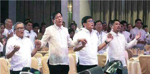  ?? ALDO NELBERT BANAYNAL ?? Former Cebu City mayor Michael Rama (2nd from left), Vice Mayor Edgardo Labella (2nd from right), Councilor Pastor Alcover (left) and Associatio­n of Barangay Councils President Phillip Zafra attend a Mass prior to the oath-taking of newly-elected...