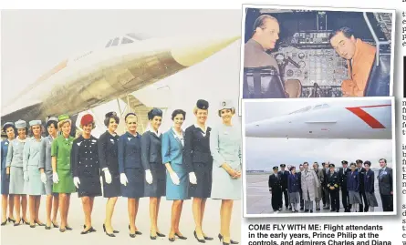  ??  ?? COME FLY WITH ME: Flight attendants in the early years, Prince Philip at the controls, and admirers Charles and Diana