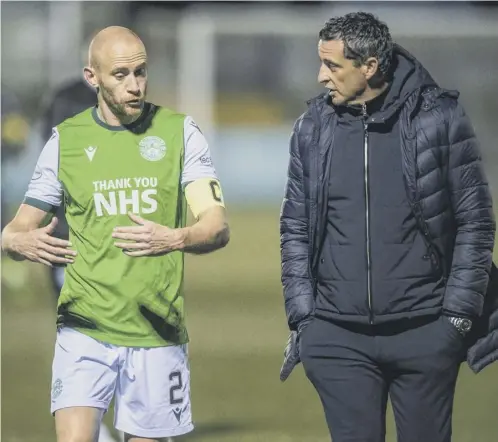  ??  ?? 0 Hibernian manager Jack Ross with goalscorer David Gray during the Betfred Cup match against Forfar. Photo by Ross Parker / SNS