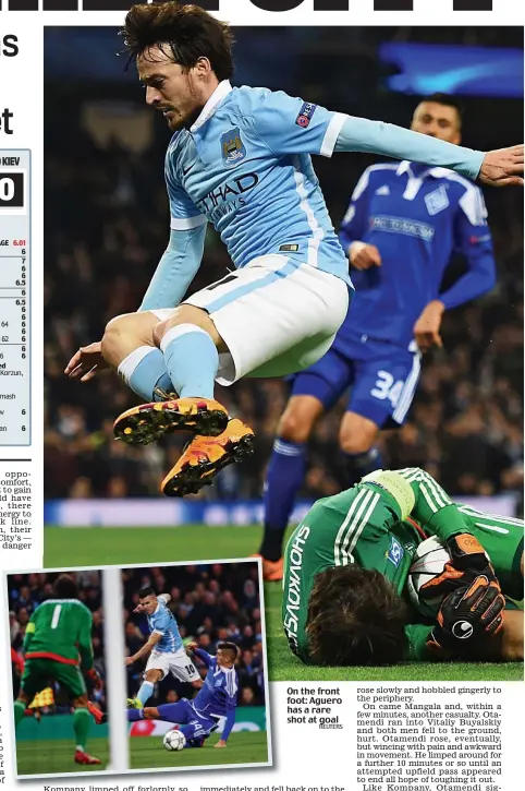  ?? REUTERS ?? On the front foot: Aguero has a rare shot at goal