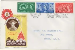  ?? ?? Jubilee Jamboree first day cover with the stamps positioned horizontal­ly