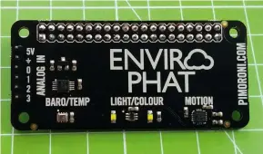  ??  ?? The Enviro pHAT is a compact sensor board designed to fit atop the Raspberry Pi Zero and sit with a flush profile, enabling small, neat projects.