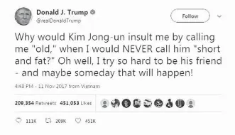  ?? @REALDONALD­TRUMP/TWITTER ?? U.S. President Donald Trump’s latest tweet is further proof that a particular­ly callow teenage girl is trapped in the 70-year-old body of the leader of the free world, writes columnist Jen Gerson.