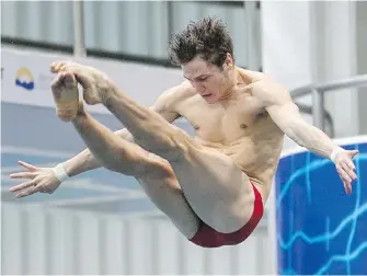  ??  ?? Quebec’s Vincent Riendeau competes in the men’s 10-metre platform during the Canadian championsh­ips at Saanich Commonweal­th Place on Saturday.