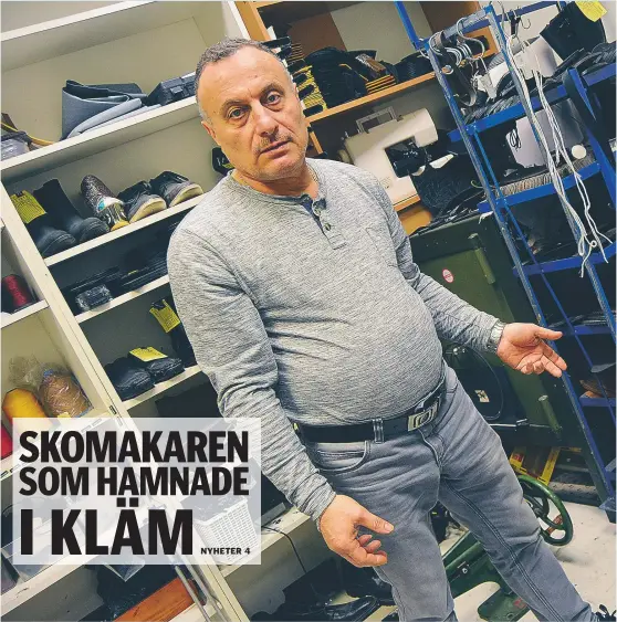  ?? FOTO: ULRICA ANDERSSON ?? LOKAL. Skomakaren Yousif Raad är besviken över att inte ha fått flytta till en lokal bredvid entrén till tunnelbana­n i Hallonberg­en. ”Ventilatio­nen i reservloka­len är inte tillräckli­g för arbetet med kemikalier.” Lokalprobl­emen har uppstått på grund av...