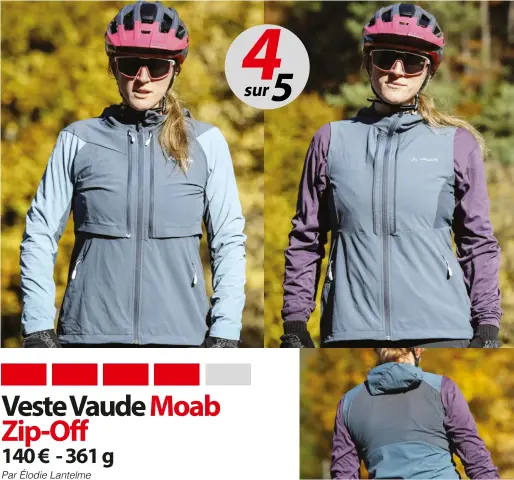  ?? ?? +
En mode gilet aéré à la montée, puis veste complète coupe-vent à la descente, la Vaude Moab ZO est vraiment intéressan­t par sa versatilit­é pour toutes les saisons. On évitera juste les sorties intégrales sous la pluie car si elle est bien déperlante, elle n’est pas étanche.