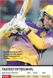  ?? PTI ?? Sunil Narine hit the IPL’s jointfaste­st fifty against Royal Challenger­s on Sunday.