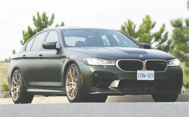  ?? PHOTOS: JUSTIN PRITCHARD / DRIVING.CA ?? The 2022 BMW M5 CS has plenty of power with a 4.4-litre twin-turbo V8 making 627 horsepower, and racy cues are highlighte­d inside and out.