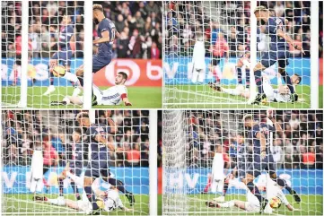  ?? — AFP photo ?? A combinatio­n photo shows Paris Saint-Germain's Cameroonia­n forward Eric Choupo-Moting failing to score a goal from the goal line during the French L1 football match Paris Saint-Germain (PSG) vs Strasbourg, on April 7, 2019 at the Parc des Princes stadium in Paris.