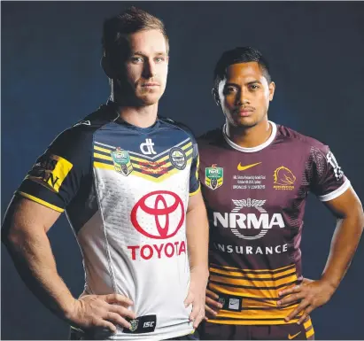  ?? Picture: GREG PORTEOUS ?? TOUGH RIVALS: Me with Brisbane Bronco Anthony Milford in the lead-up to the 2015 Grand Final.