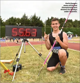  ??  ?? Karlis Kaugars shows off his new Championsh­ip-best distance for the Boys under-14 javelin.