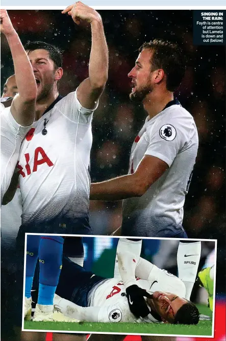  ??  ?? SINGING IN THE RAIN: Foyth is centre of attention but Lamela is down and out (below)