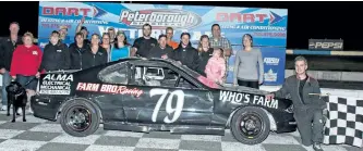  ?? MORGAN AMBER PHOTOGRAPH­Y ?? Ryan Oosterholt (No. 79) turned a strong run of the year into a Jiffy Lube Mini Stock checkered flag Saturday at Peterborou­gh Speedway.