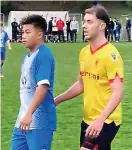  ?? ?? Jamie Karnsang (left) of Giants Grave and Matthew Thomas (right) of Mumbles Rangers both scored in the 2-2 draw at Underhill Park.