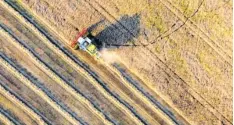  ?? Foto: Patrick Pleul, dpa ?? Ein Landwirt erntet mit einem Mähdresche­r Wintergers­te. Wegen anhaltende­r Schauer konnten viele Bauern aber noch gar nicht auf alle Felder.