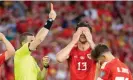  ?? Athena Pictures/Getty Images ?? Wales’s Kieffer Moore is shown a red card shortly after Armenia’s fourth goal. Photograph: