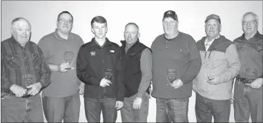  ?? Mona Weatherly ?? Cooperativ­e test plot winners for 2022 with Pioneer Corn included, from left, Boyd Cool, 3rd, irrigated corn; Steve Kaps, 3rd, soybeans; Adam Knapp and Jay Knapp of Knapp Cattle Co., 1st, irrigated corn; Keith Keaschall,, Silver K Farms, 1st, dry land corn; Carl Larson for Carl and Nathan Larson, 1st, soybeans; and Marty Petska of Akstep Farms, 2nd, irrigated corn.