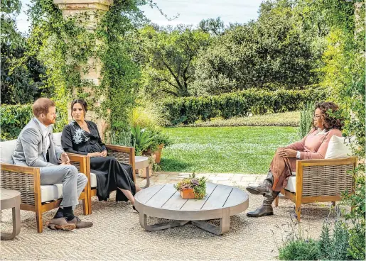  ??  ?? ‘Must watch’: The Duke and Duchess of Sussex during their interview with Oprah Winfrey. Inset, below, Princess Diana