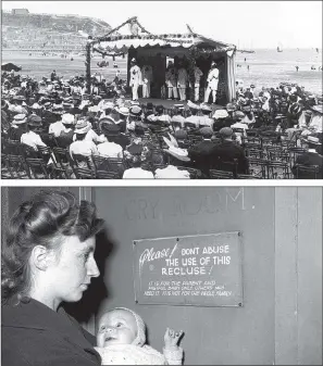  ?? PICTURES: RUSSELL KNIGHT/BIPS/TOPICAL PRESS AGENCY/GETTY IMAGES ?? SILENT SCREEN: A Pierrot show on the beach at Scarboroug­h in 1907; a mother takes her baby to the ‘Cry Room’ of the Western Talkie Theatre in Bradford, Yorkshire, where the infant can bawl without disturbing the rest of the audience.