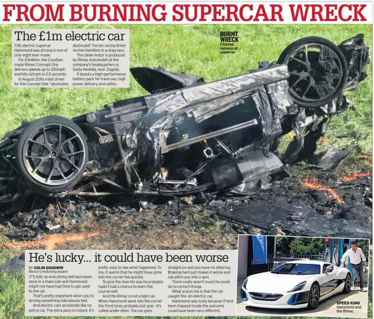  ??  ?? BURNT WRECK Charred remains of supercar SPEED KING Hammond and the Rimac