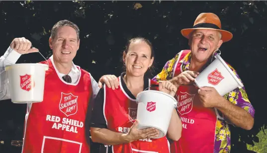  ?? ?? Red Shield Appeal chairman Peter Wheeler, Salvation Army Auxiliary Lieutenant Katrina Mcintosh and Red Shield Ambassador Steve Price. Picture: Evan Morgan