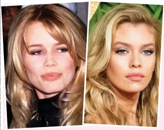  ??  ?? NORTHERN Irish stunner Stella Maxwell bears a striking similarity to Claudia Schiffer in her 20s (far left). German Claudia, 48, was spotted in a nightclub aged 17 and hit the big time with her Guess? jeans campaign. Diplomat’s daughter Stella, 28, was raised in Belgium and modelled for H&amp;M. She likes to play scrabble on her iPhone while Claudia enjoys ‘board games in front of the fire’.