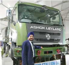  ??  ?? Amandeep Singh, Head, Defence, Ashok Leyland with the Super Stallion 8x8 at the DefExpo 2018